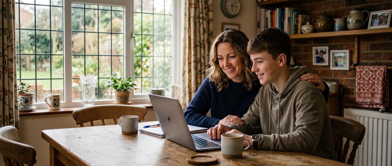 A parent and teenager reading about the meningitis B vaccine before university at home in Sutton