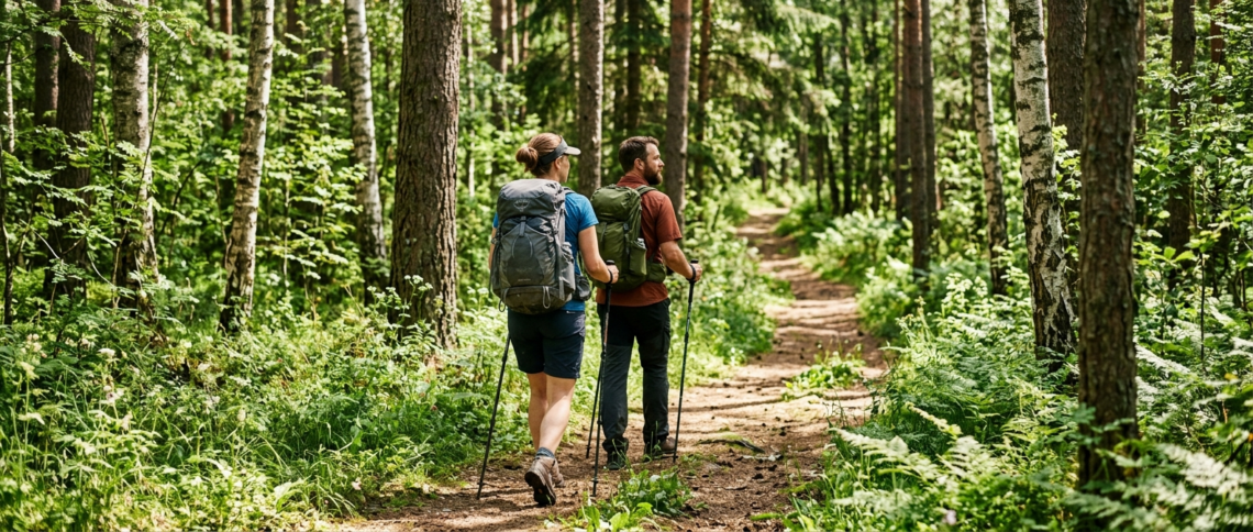 Hikers walking through a forest trail in Europe, where tick-borne encephalitis risk is highest