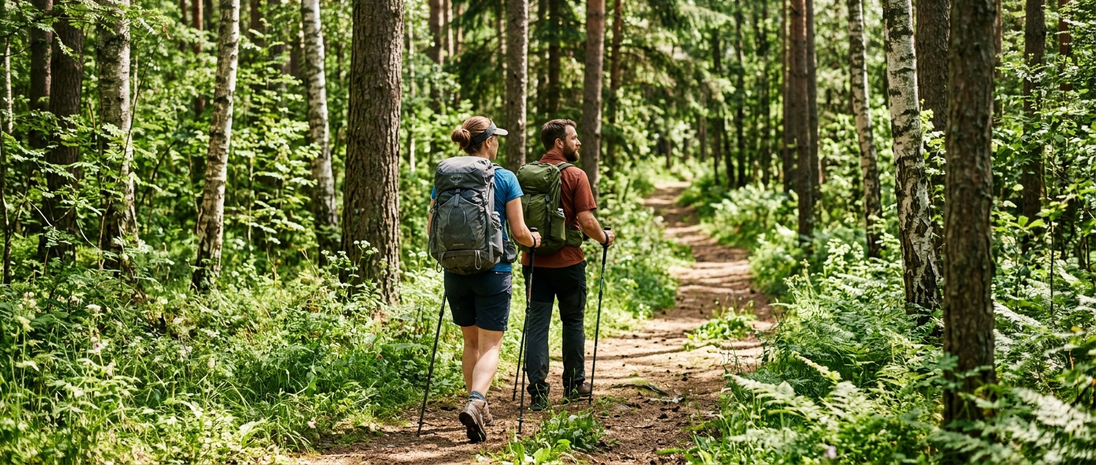 Hikers walking through a forest trail in Europe, where tick-borne encephalitis risk is highest