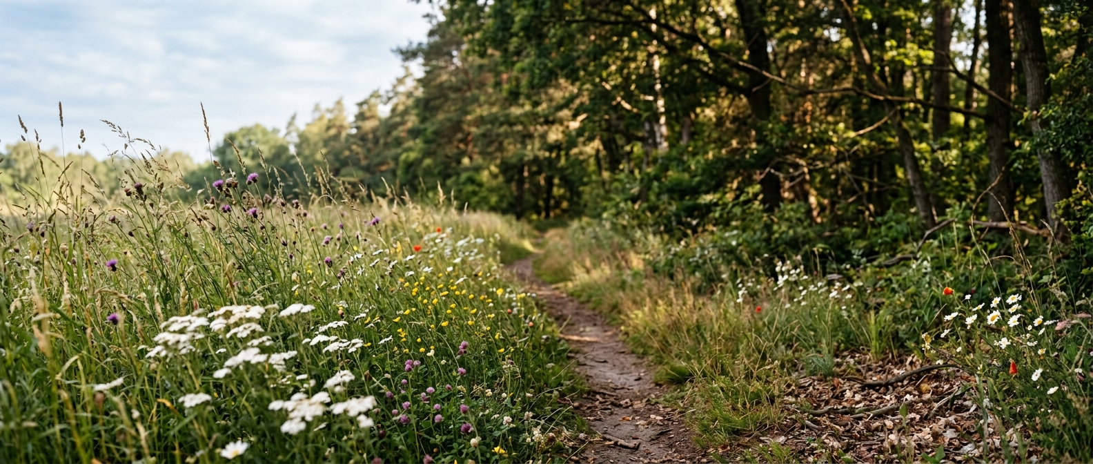 A forest trail with long grass in central Europe, typical tick-borne encephalitis habitat