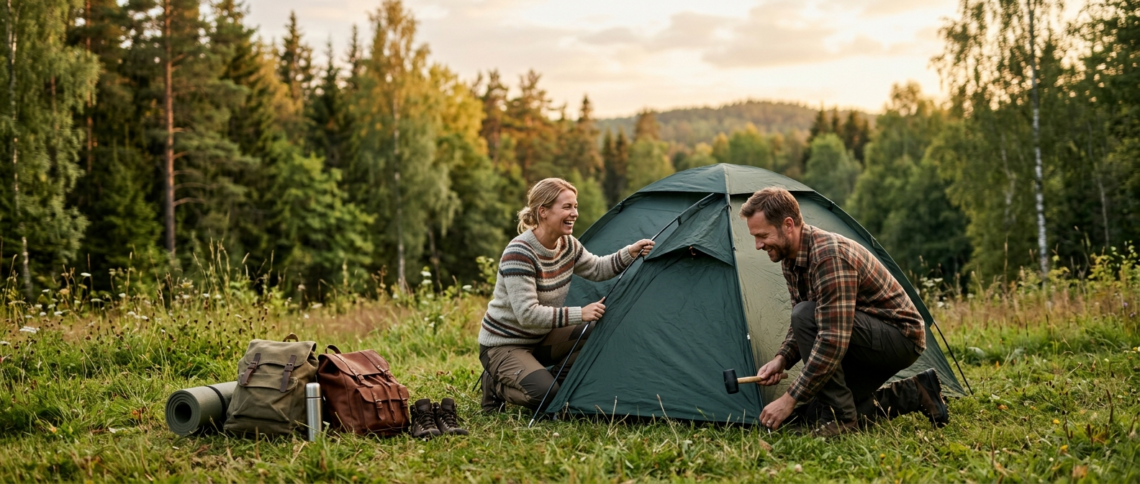 Campers setting up a tent at a forest edge in Europe, a higher-risk setting for tick-borne encephalitis