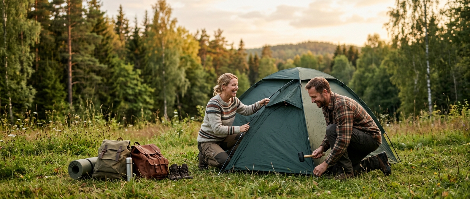 Campers setting up a tent at a forest edge in Europe, a higher-risk setting for tick-borne encephalitis