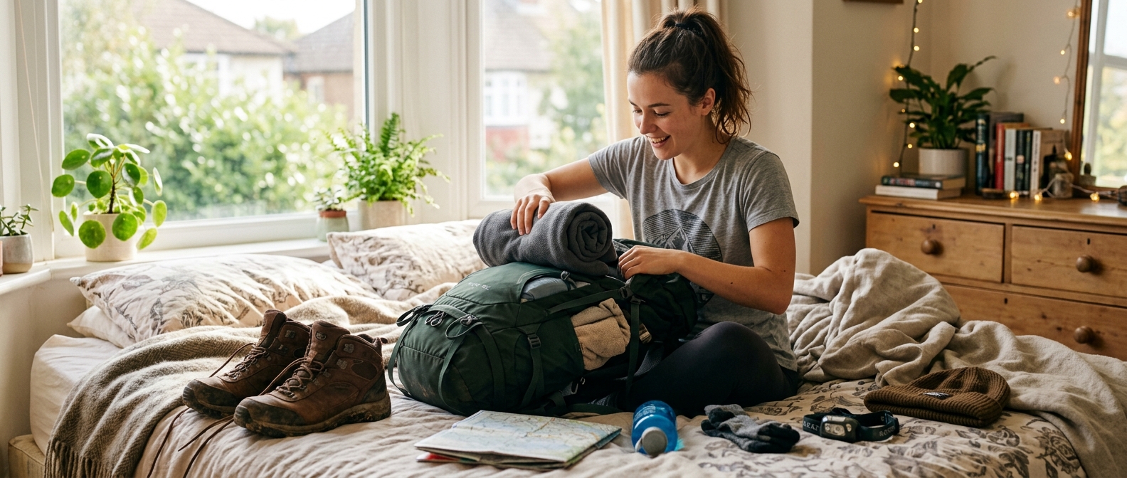 A traveller packing a rucksack at home before a trip to a tick-borne encephalitis area